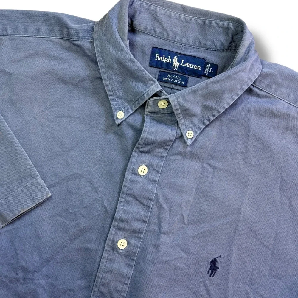 Ralph Lauren Button Down Shirt Mens L Blue Blake Cotton Short Sleeve Pony Logo‎